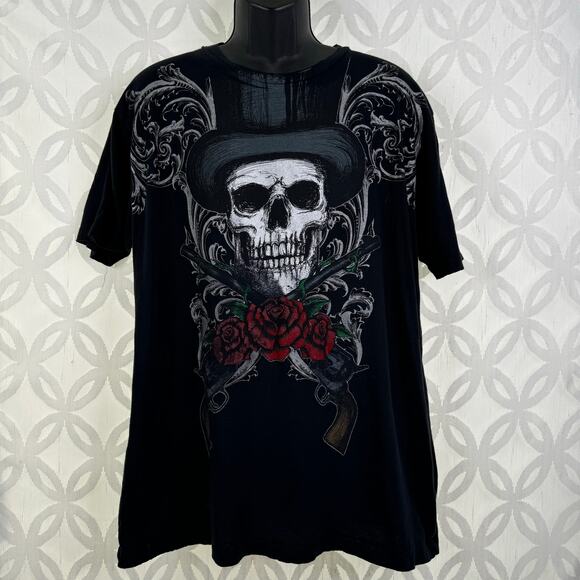 Affliction Salvage Souls Y2K Smoke Rose Guns Skull Black Tee Size XL - Picture 4 of 8
